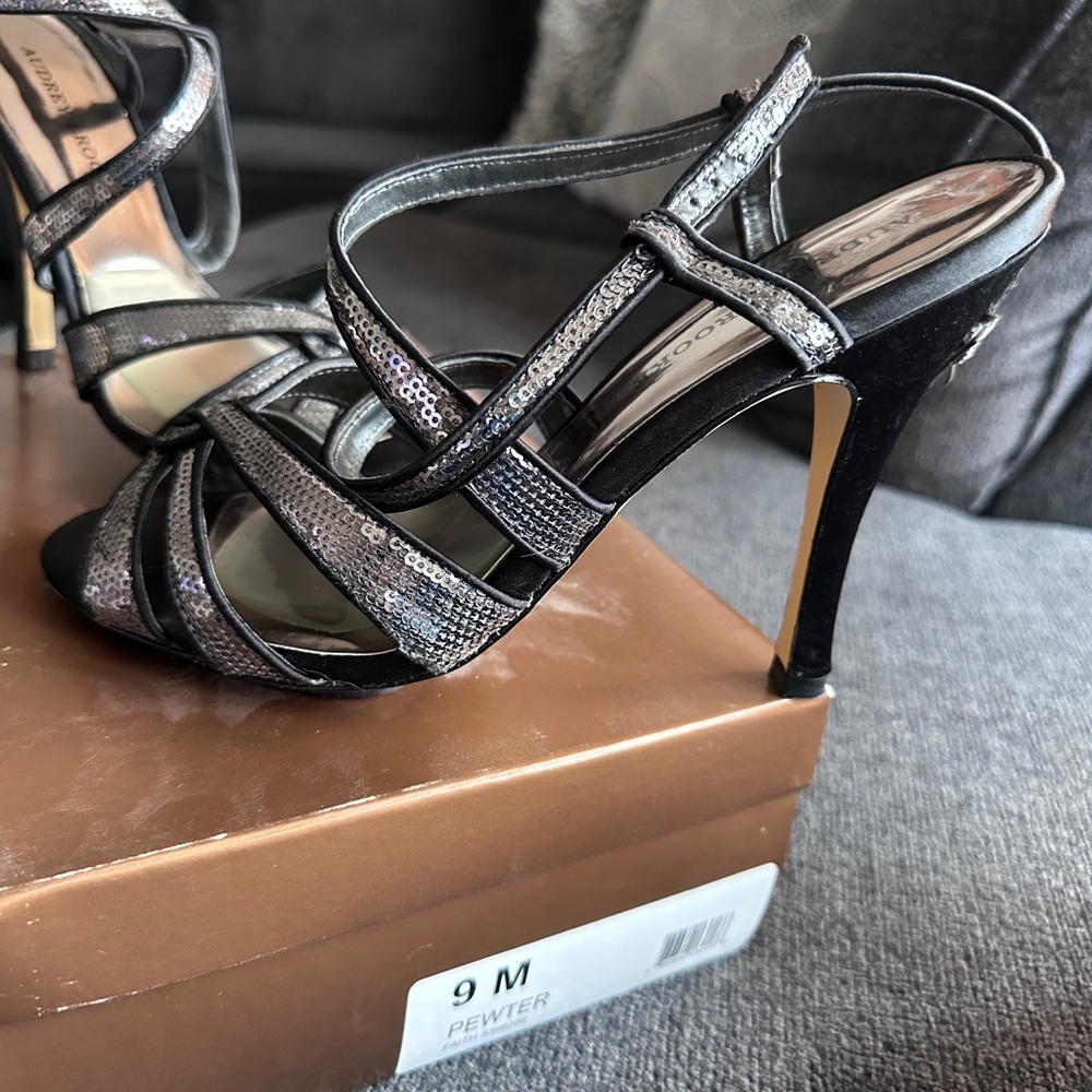 Black and Silver Strappy Heels with Stiletto Design